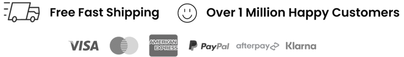 Logos of free fast shipping, a smiley face, and payment methods on a black background