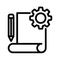 Icon of a pencil, gear, and rolled paper on a white background