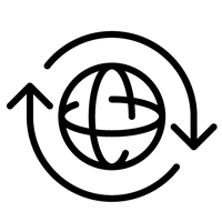 Black icon of a globe with arrows circling it on a white background