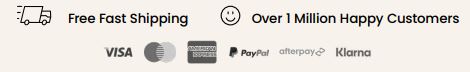 Logos and text indicating free fast shipping, customer satisfaction, and payment methods on a black background.