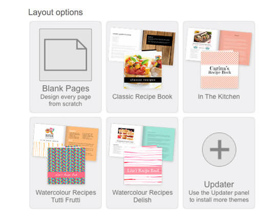 Recipe book layout options in the Momento software