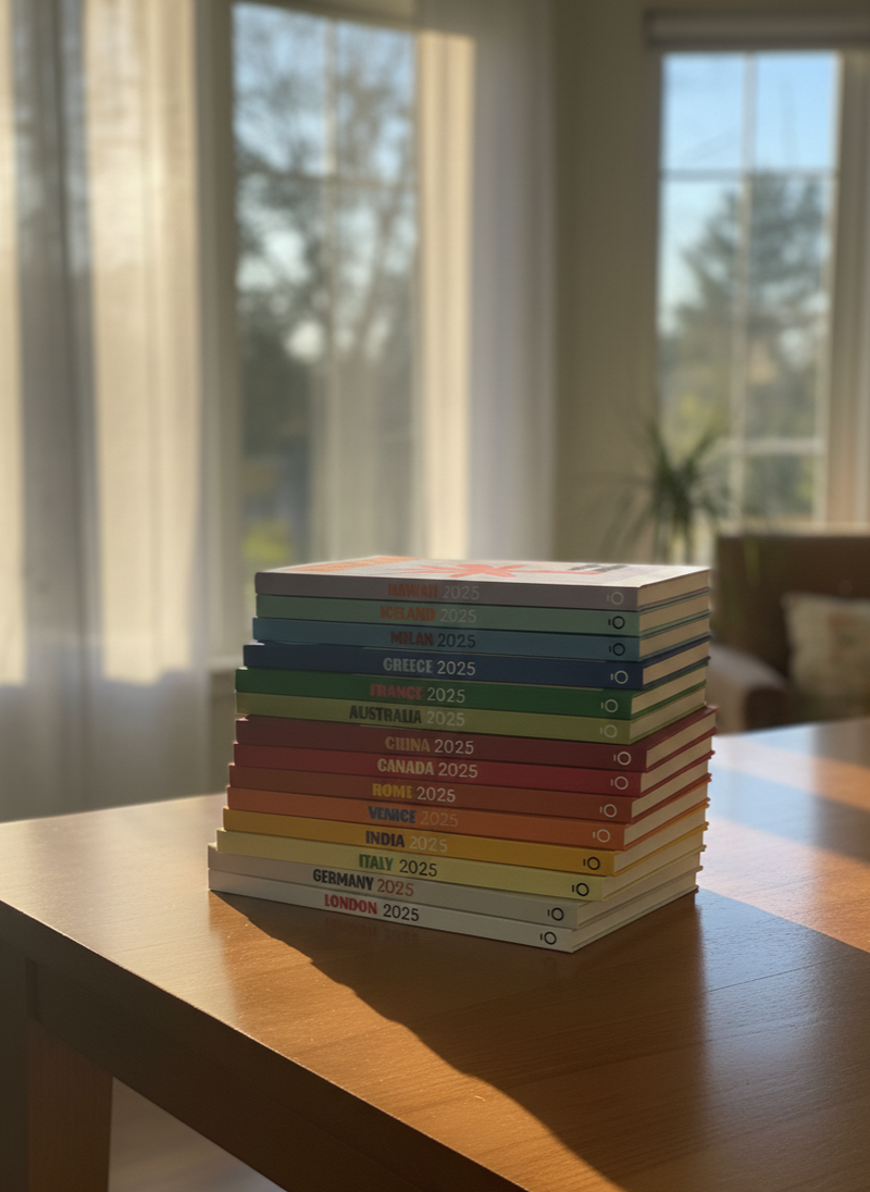 Stack of colorful books on a wooden table with a window in the background