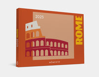 Calendar cover with Colosseum illustration and 'Rome 2025' text on a white background