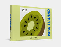 Calendar with a kiwi design and New Zealand 2025 text on a white background