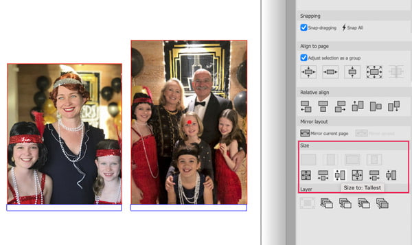 Match the size of photos using the size tools, the relative align feature or templates