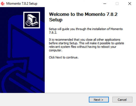 Momento software installer setup window