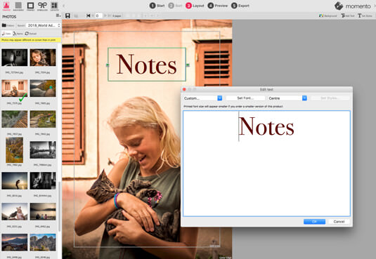 Add text to a photo notebook in Momento software