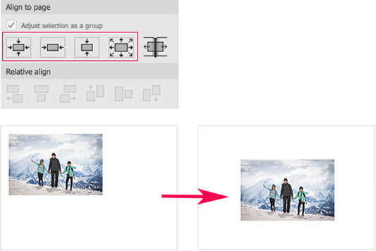 Align photo to page tools in Layout View of Momento software