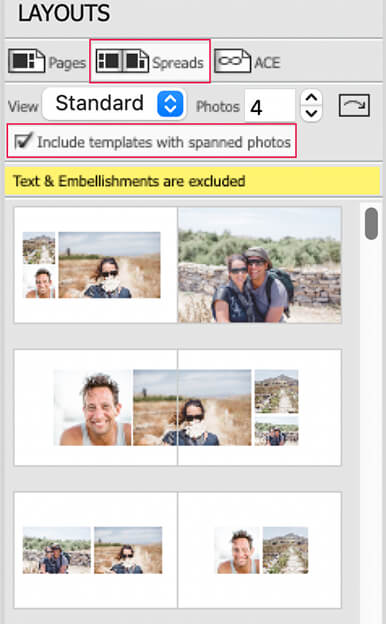 Spreads templates with spanned photos