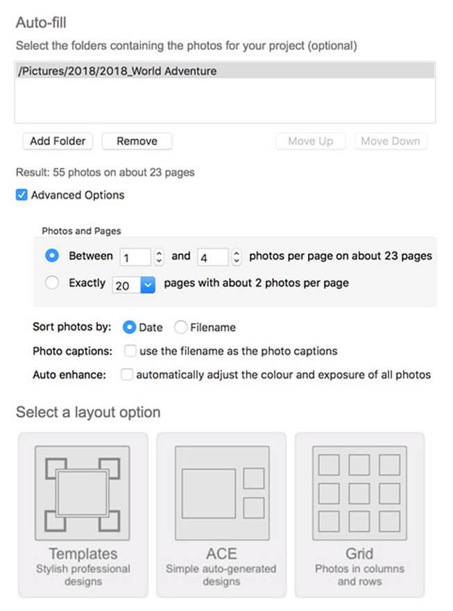 Momento photo book software auto-fill options