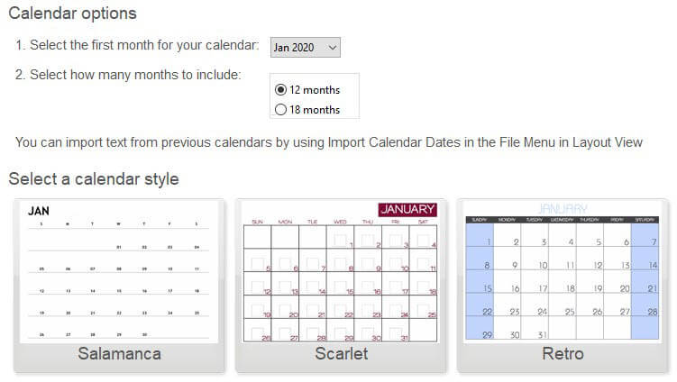 Calendar settings and styles
